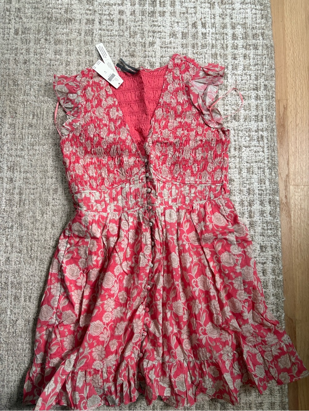Anthropologie Coral Pink Floral Smocked Button-Front Dress